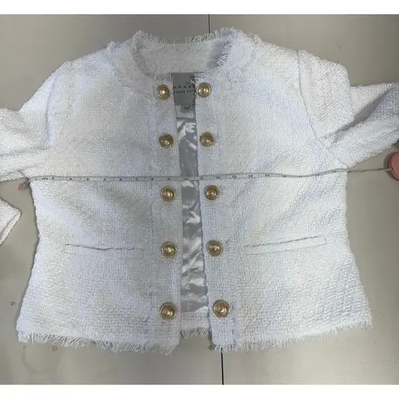 QVC Susan Graver Cropped Tweed Blazer w/ Fringe Detail White NWOT Size 4 - Picture 7 of 9